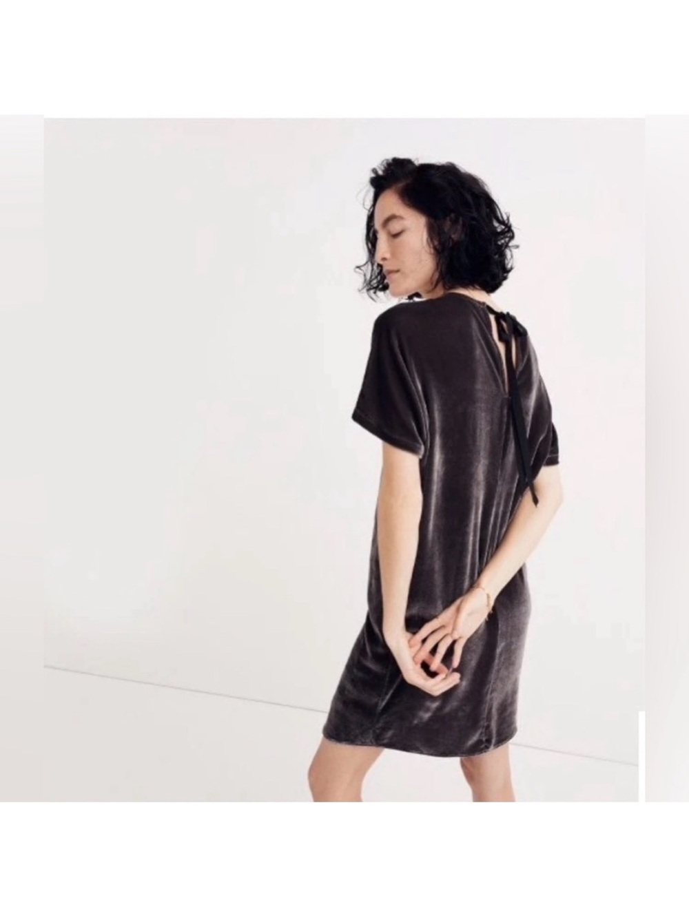 Madewell Gray Bow Back Velvet Dress in Charcoal